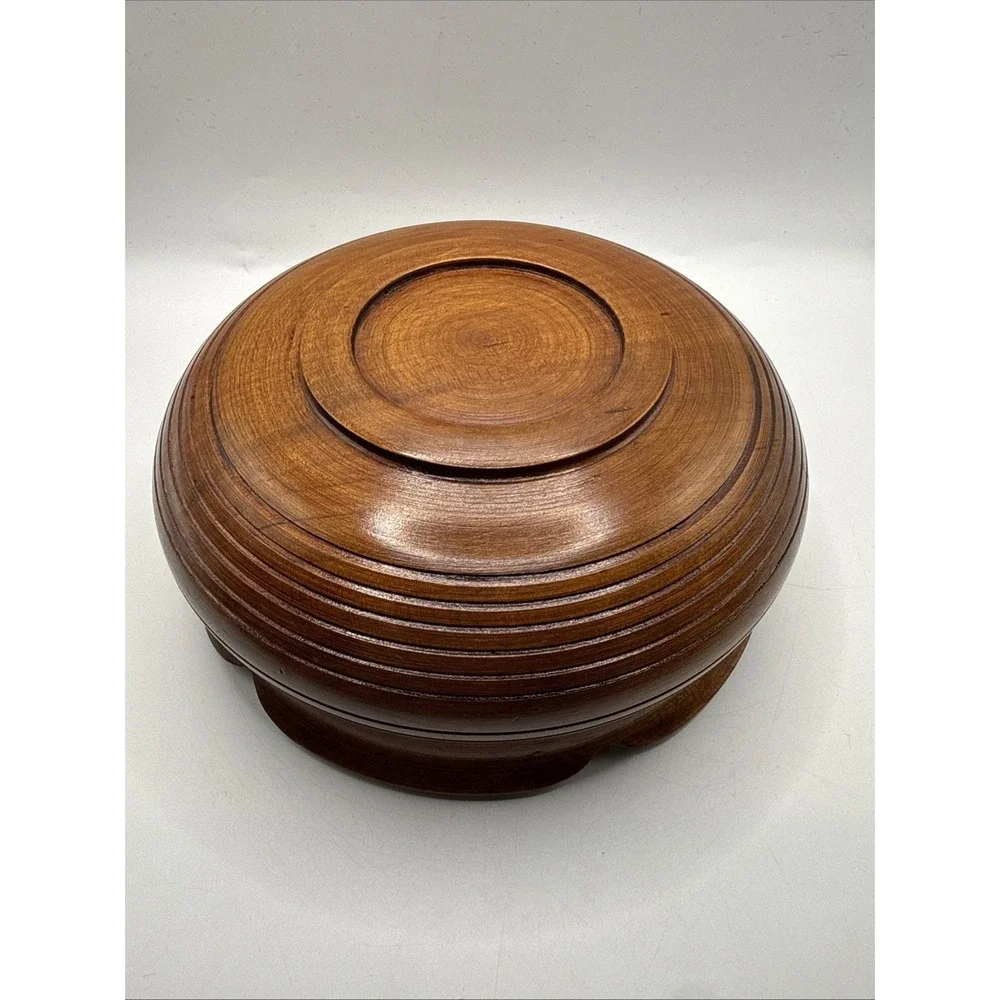 Vintage Hand Carved Wooden Bowl Bamboo Carving With Lid Lacquered Interior 7